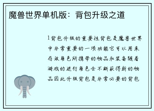 魔兽世界单机版：背包升级之道